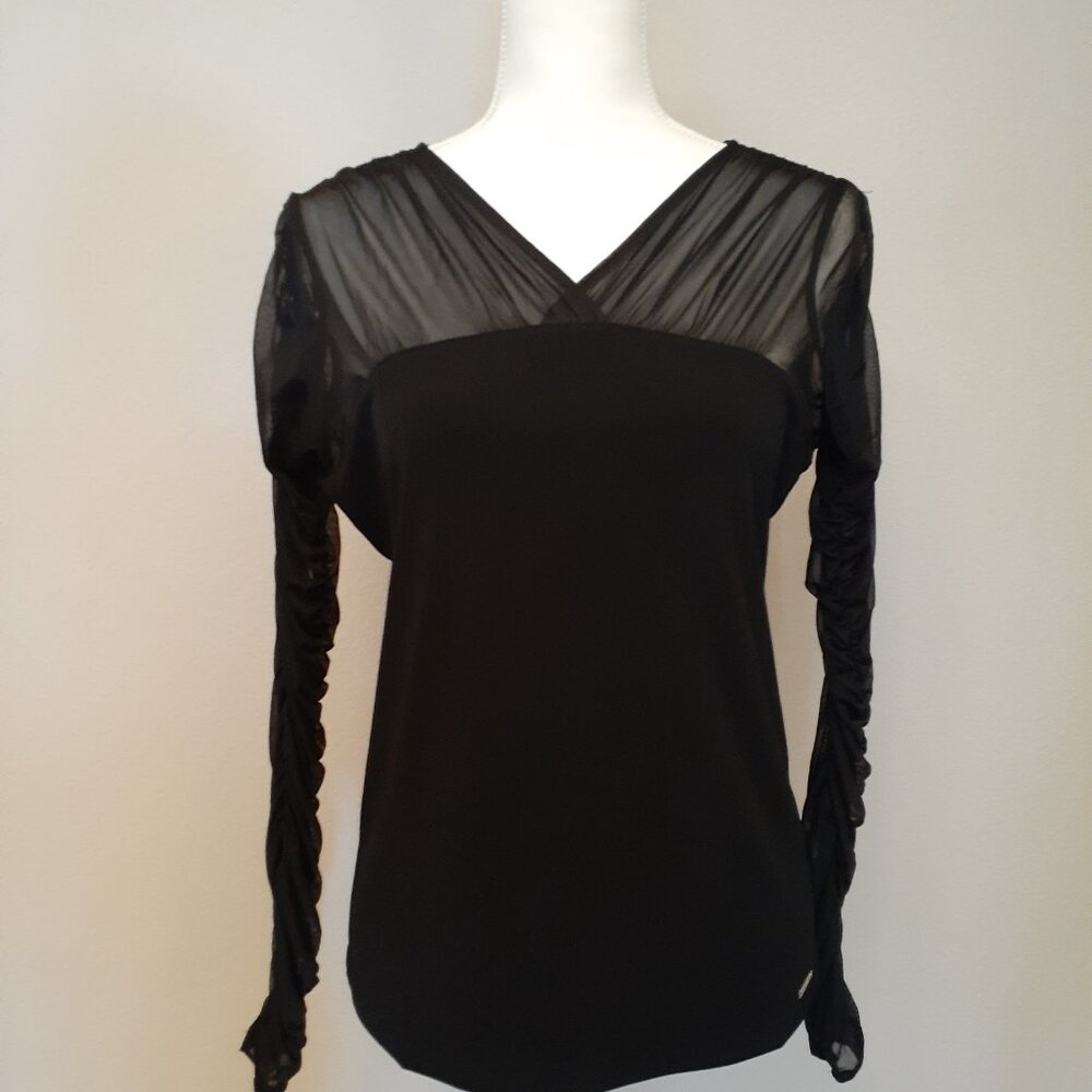 Calvin Klein Mesh Ruched Sleeve Top - Picture 4 of 12